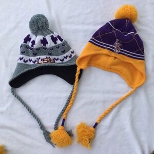 2 LSU Tigers Beanie Type Winter Hats With Pom and Dreadlock Sides